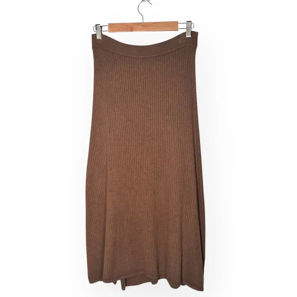 FREE PEOPLE Skyline Midi Skirt Ribbed Knit Front Slit Coquette Stretch Brown